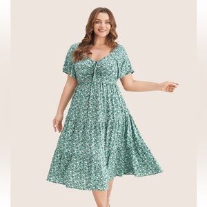 BloomChic Plus Size Ditsy Floral Drawstring Ruched Pocket Ruffle Tiered Dress